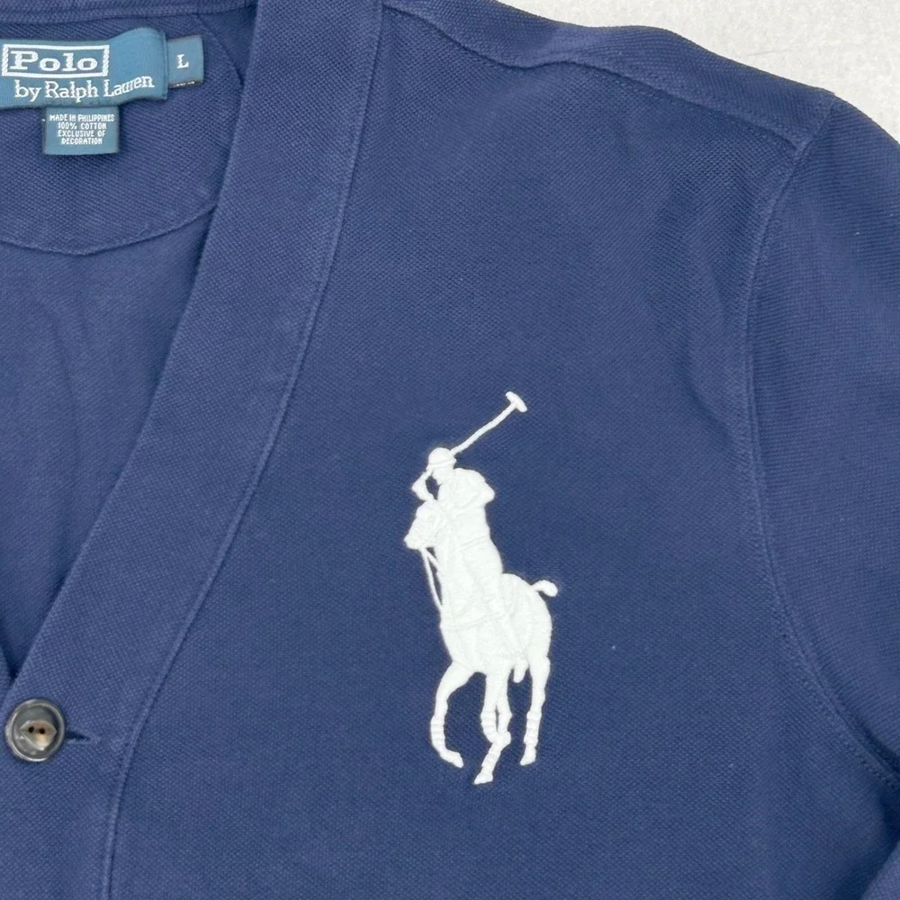 90s Polo Ralph Lauren Mens Large Navy Blue Big Pony Cotton Pique Cardigan Jersey